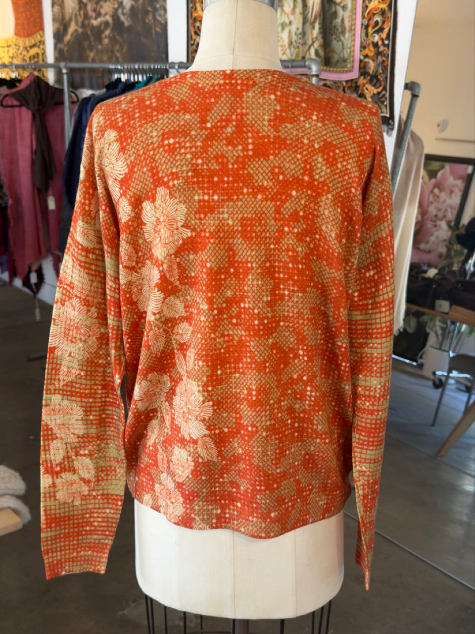 Jei's Merino Wool Long Sleeve Sweater in Orange Print