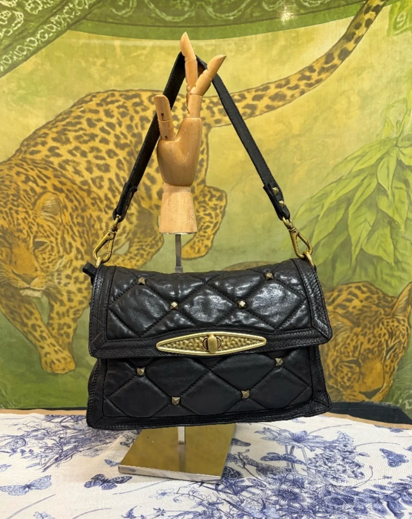 Campomaggi Leather Gold Studded Shoulder Bag in Nero