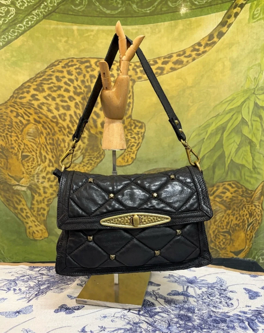 Campomaggi Leather Gold Studded Shoulder Bag in Nero