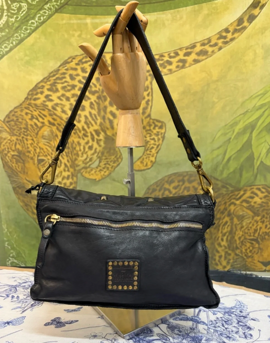 Campomaggi Leather Gold Studded Shoulder Bag in Nero
