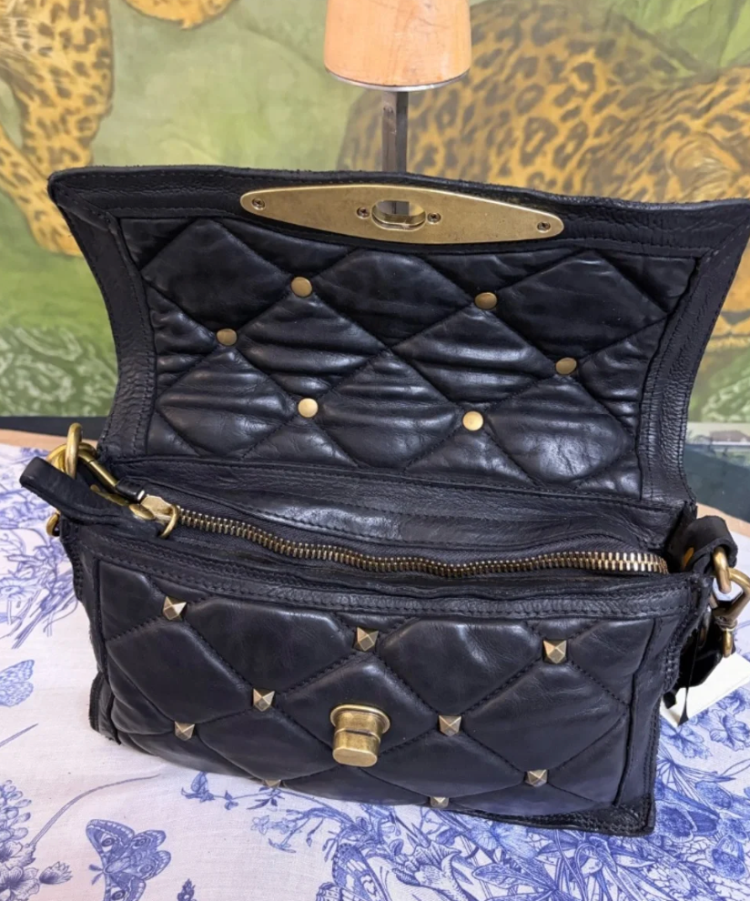Campomaggi Leather Gold Studded Shoulder Bag in Nero