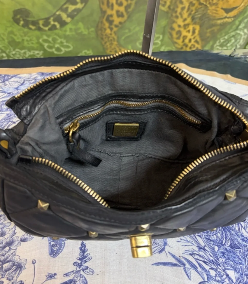 Campomaggi Leather Gold Studded Shoulder Bag in Nero