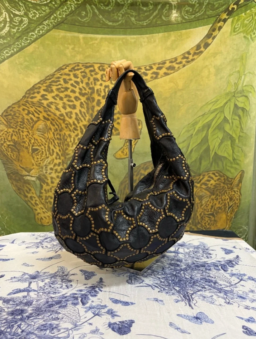 Campomaggi Marisa Gold Studded Leather Shoulder Bag in Nero