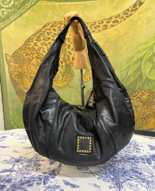 Campomaggi Marisa Gold Studded Leather Shoulder Bag in Nero