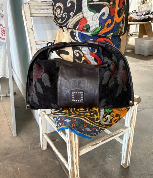 Campomaggi Atena Floral Velvet Jacquard and Leather Hobo Bag in Nero & Grigio