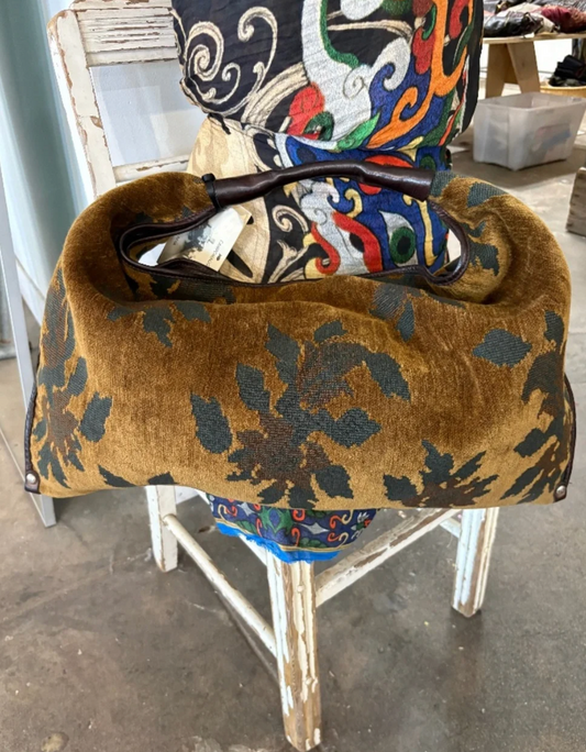 Campomaggi Atena Floral Velvet Jacquard and Leather Bag in Giallo & Moro