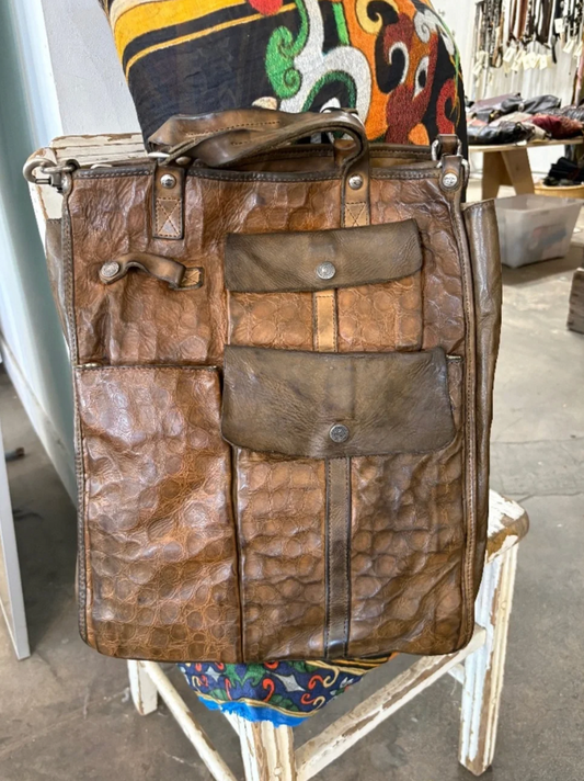 Campomaggi Tokyo Embossed Leather Shopping Tote in Verde Militare