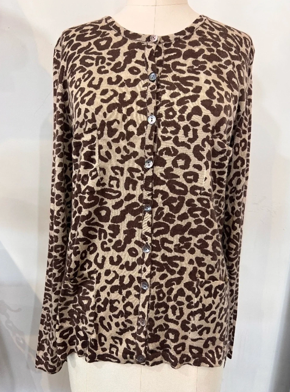 Parker Blue Cashmere Button Down Cardigan in Leopard Print
