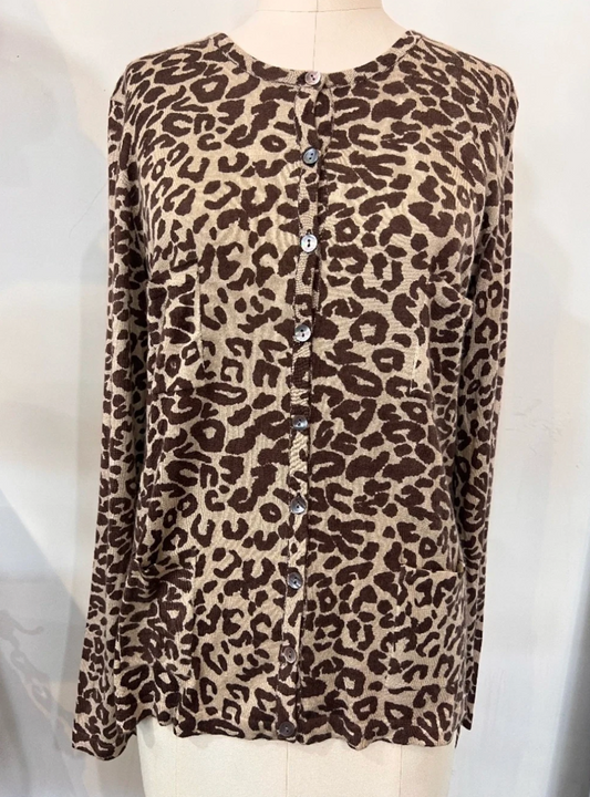 Parker Blue Cashmere Button Down Cardigan in Leopard Print