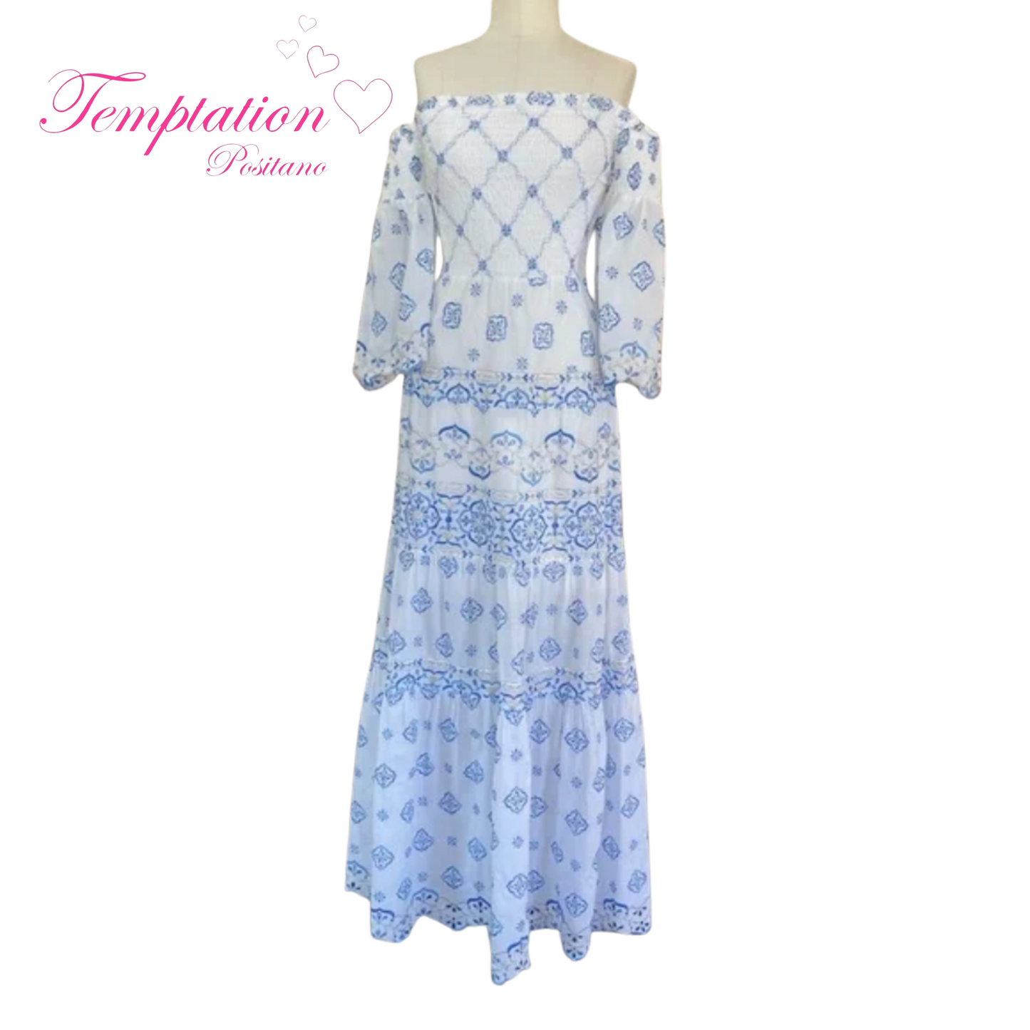 Temptation Positano Lena Off the Shoulder Maxi Dress in Blue Bianco