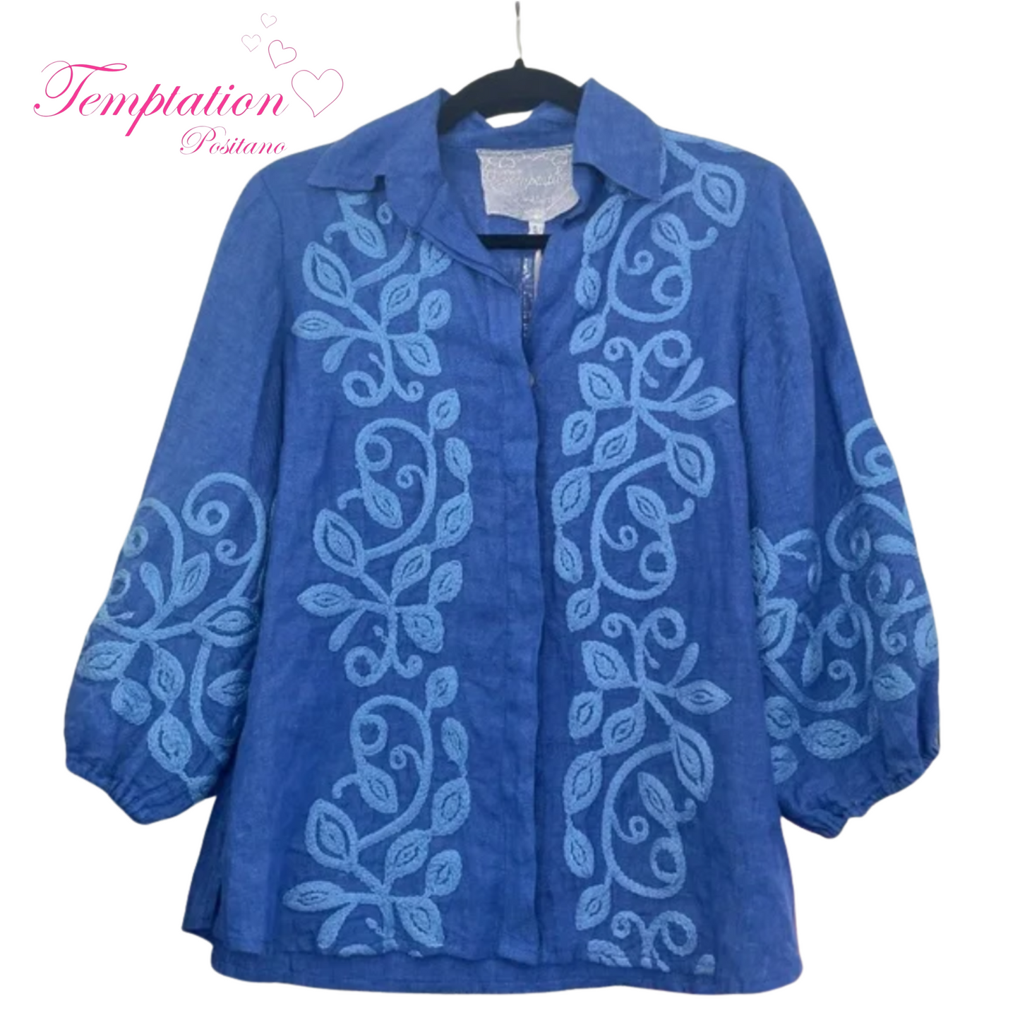 Temptation Positano Liro Button Up in Blue Embroidery