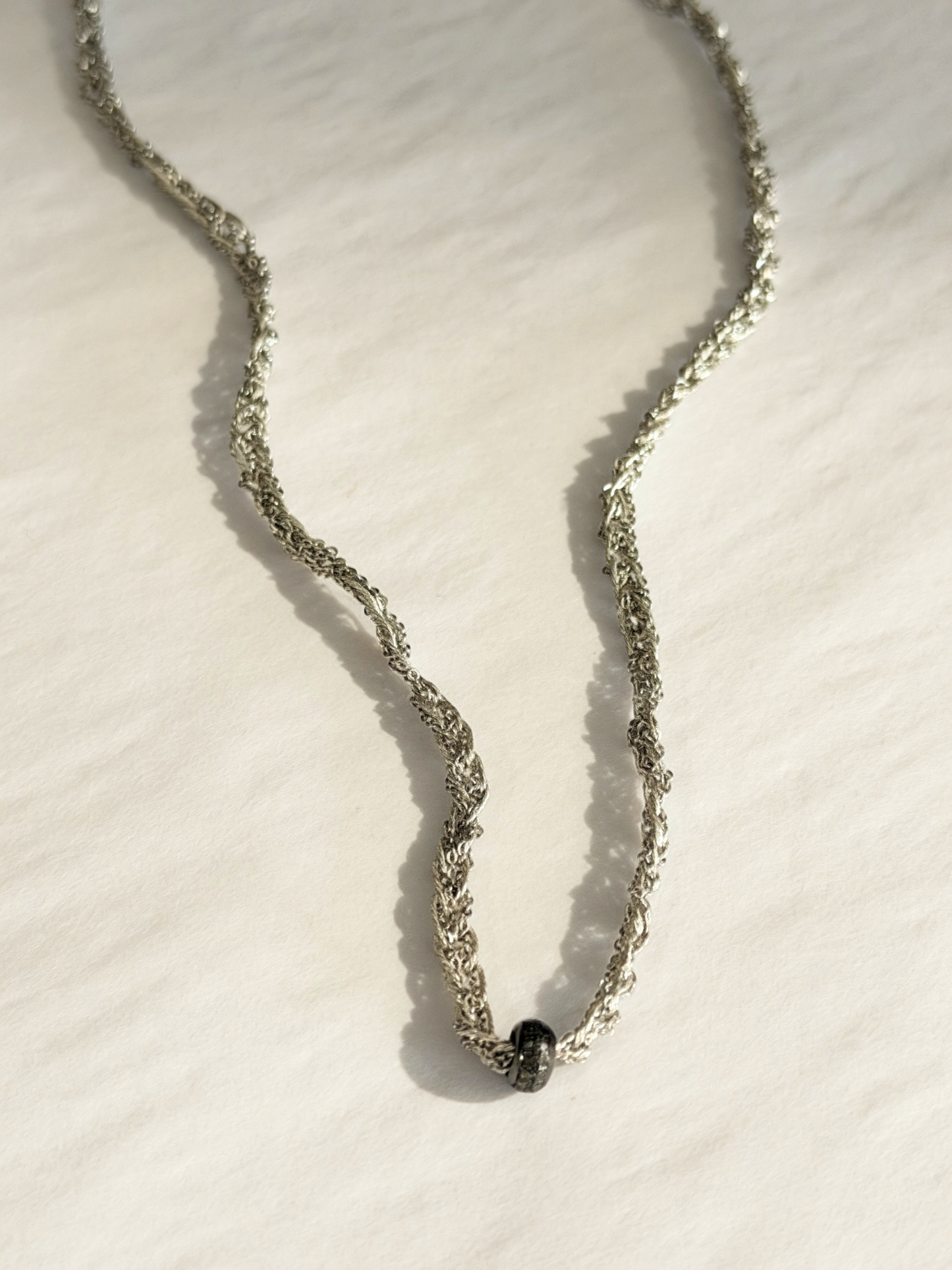 Dag Gioielli Rhodium Silver, White Lurex, Black Rondella with Diamonds Necklace