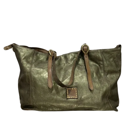 Campomaggi Metallic Leather Tote Bag in Verde Militare