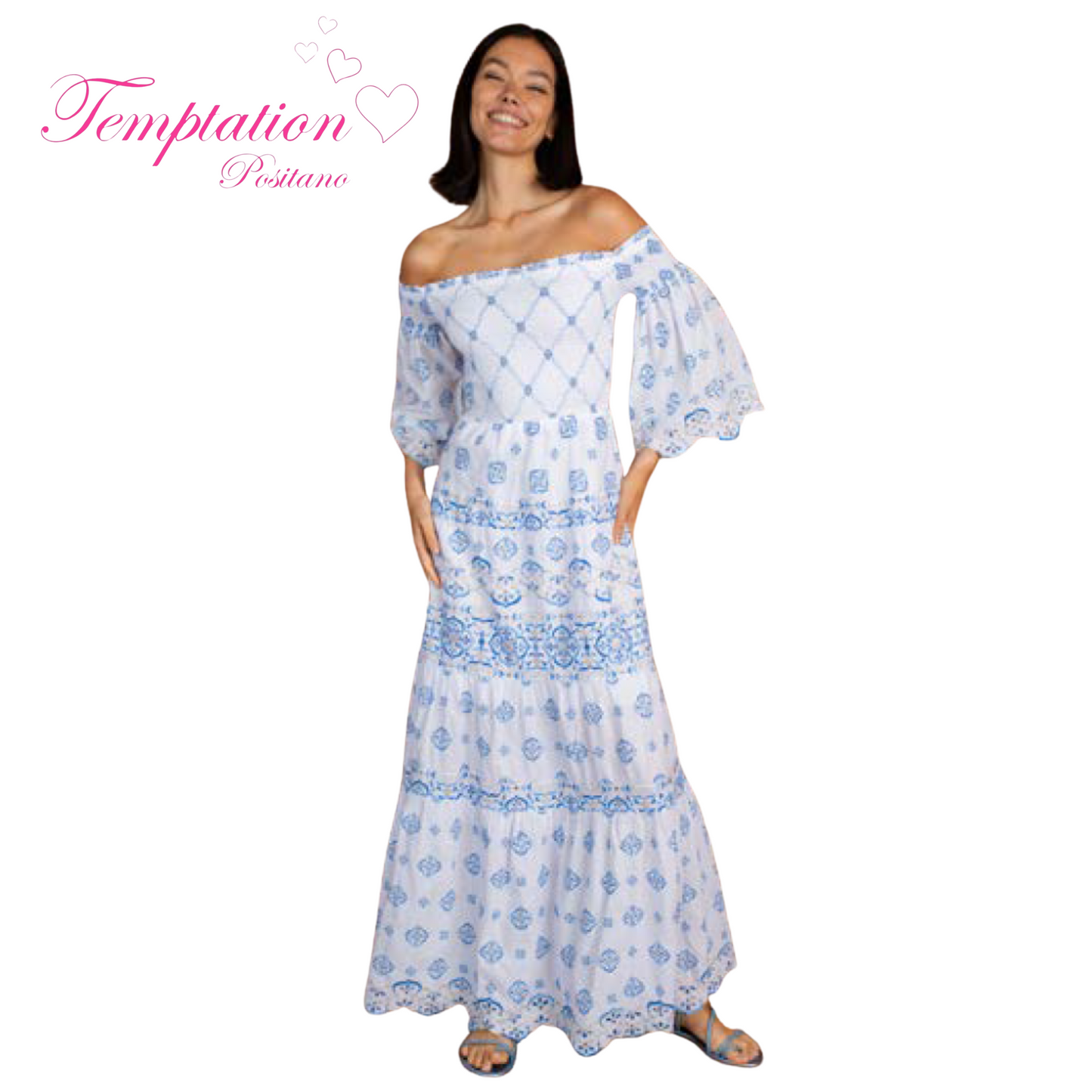 Temptation Positano Lena Off the Shoulder Maxi Dress in Blue Bianco