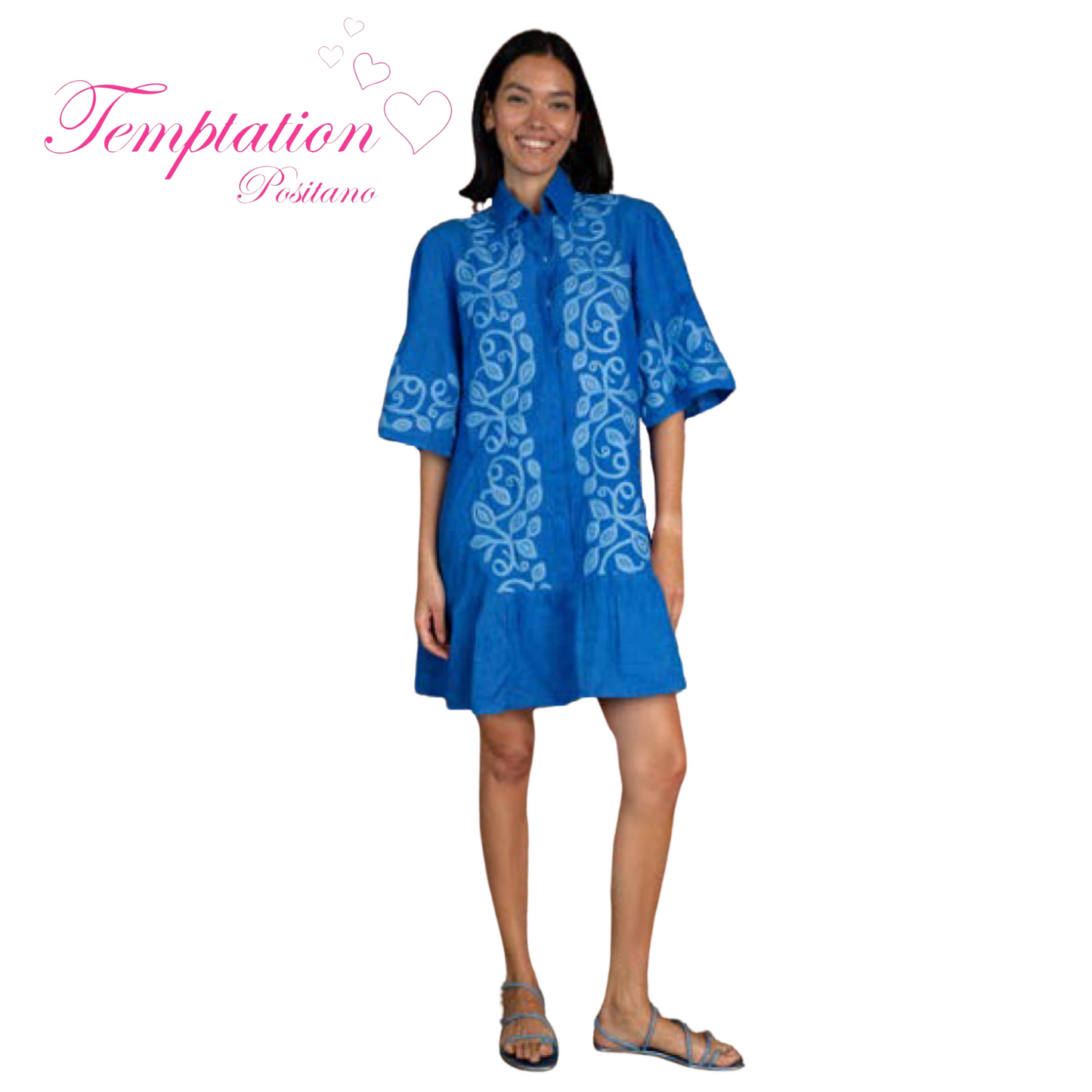 Temptation Positano Enza Shirt Dress in Blue Embroidery