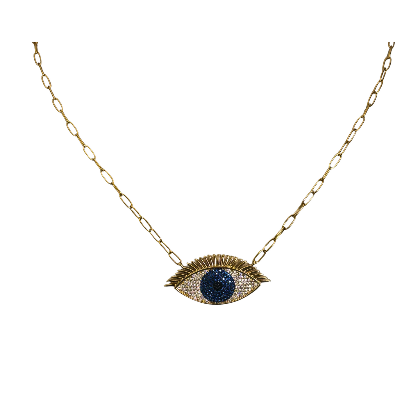 Habaha Paris Blue Crystal Eye w/ Lashes Gold Toned Necklace Stainless Steel