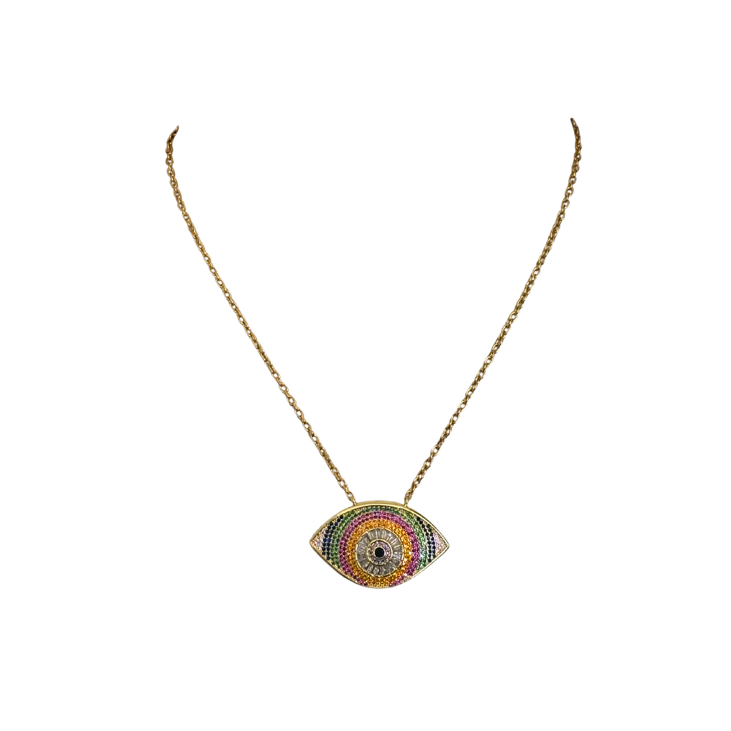 Habaha Paris Rainbow Crystal Eye Gold Toned Necklace Stainless Steel