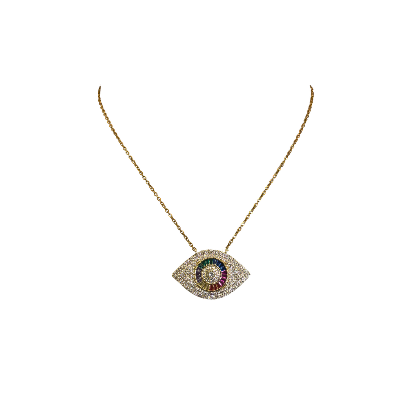 Habaha Paris Rainbow and White Crystal Eye Gold Toned Necklace Stainless Steel