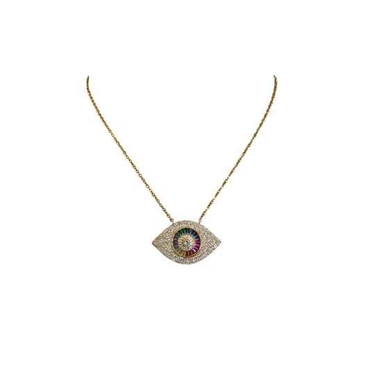 Habaha Paris Rainbow and White Crystal Eye Gold Toned Necklace Stainless Steel