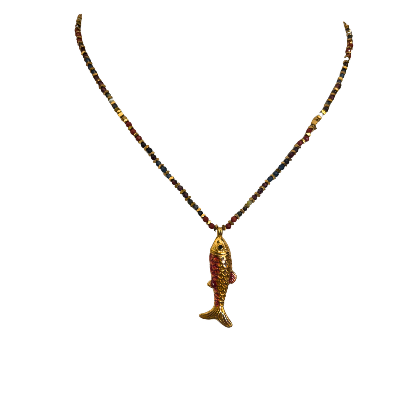 Habaha Paris Crystal Chain Stainless Steel Gold and Red Fish Pendant Jewel Toned