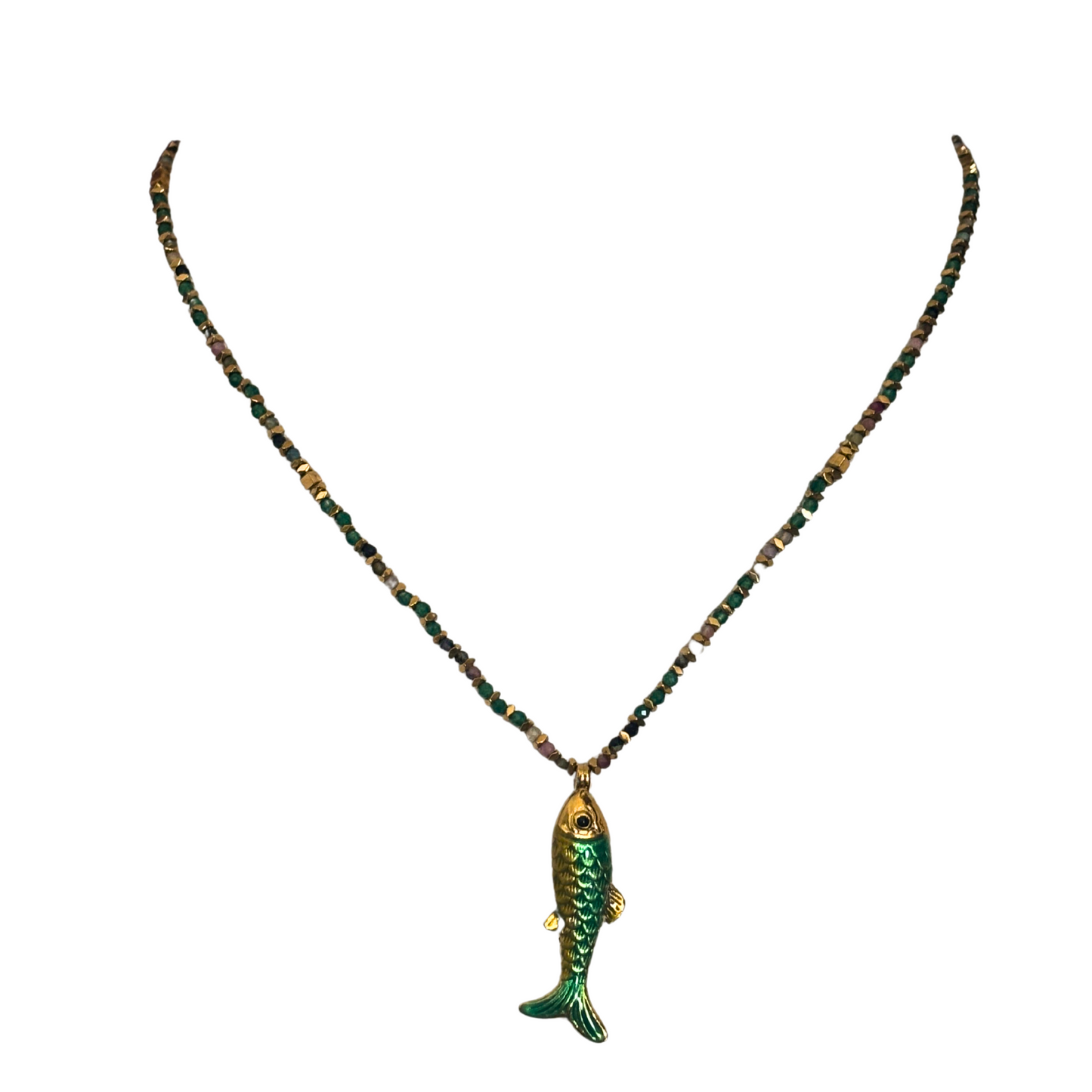 Habaha Paris Crystal Chain Fish Pendant Green Stainless Steel Clasp