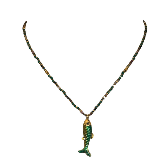 Habaha Paris Crystal Chain Fish Pendant Green Stainless Steel Clasp