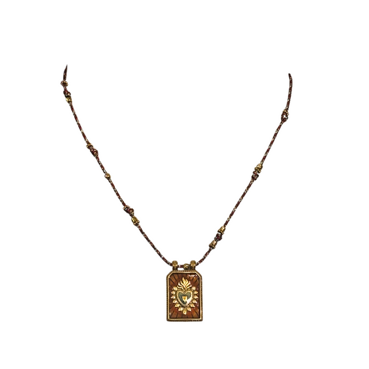 Habaha Paris Sacred Heart Pendant Thread Chain Gold Toned Beads Stainless Steel