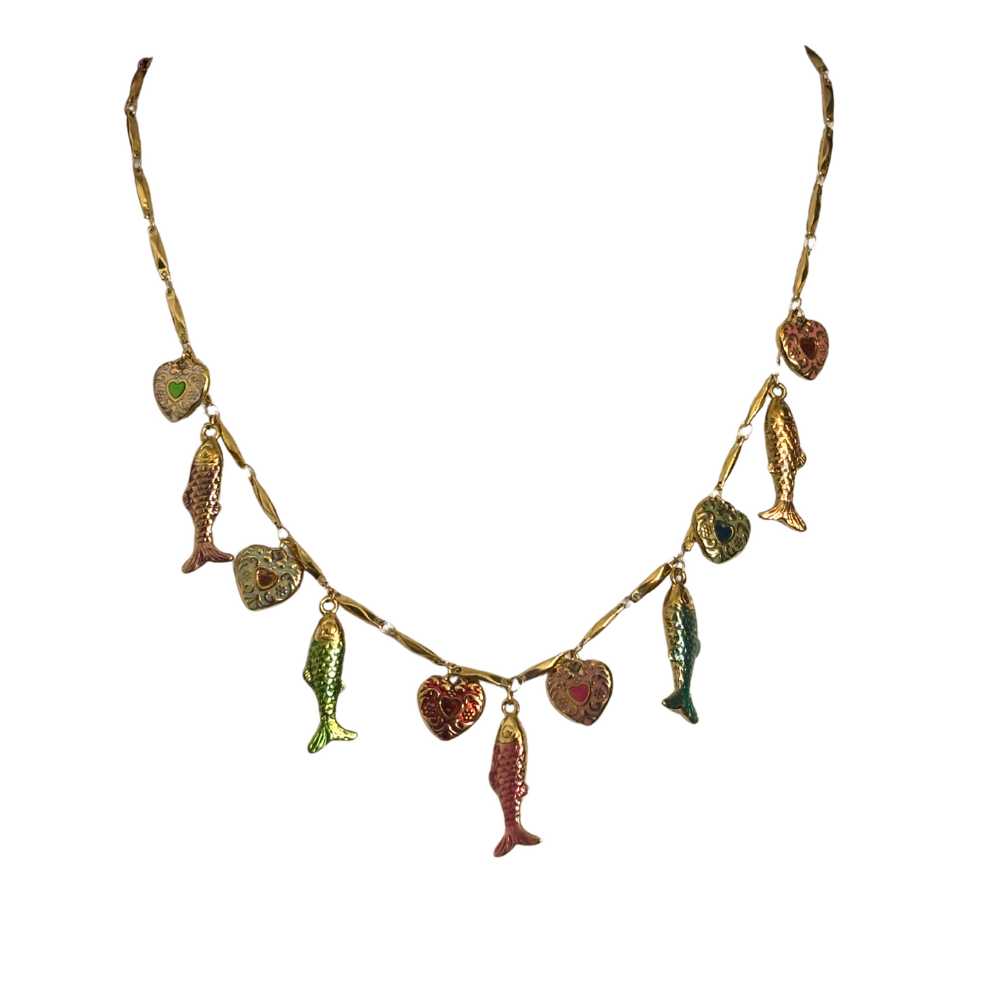 Habaha Paris Heart + Fish Charm/Pendant Necklace Multi-Colored Gold Toned Chain