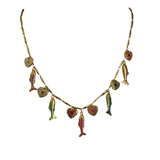 Habaha Paris Heart + Fish Charm/Pendant Necklace Multi-Colored Gold Toned Chain