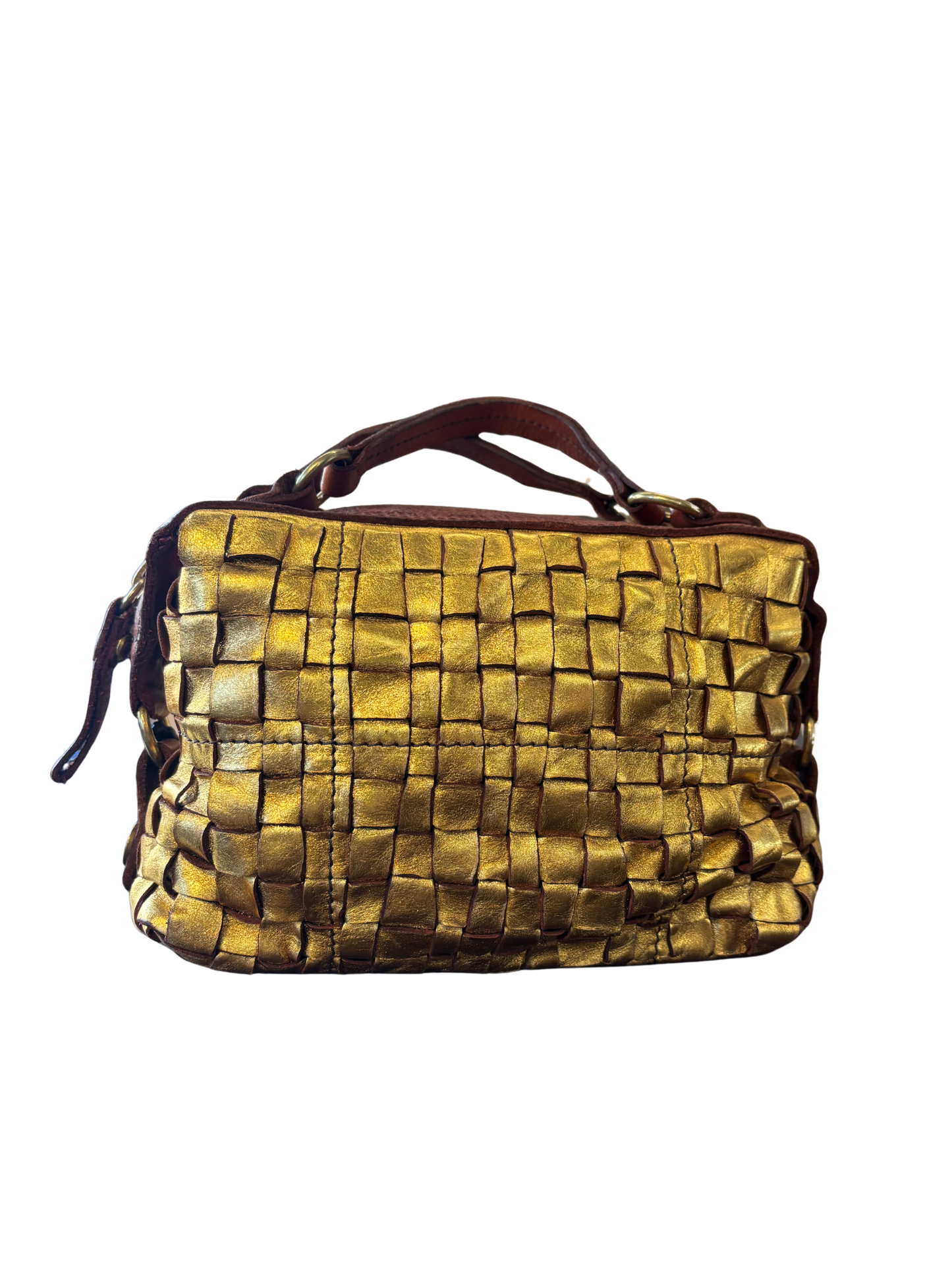 Campomaggi Woven Metallic Gold Leather Bag in Oro/Cognac
